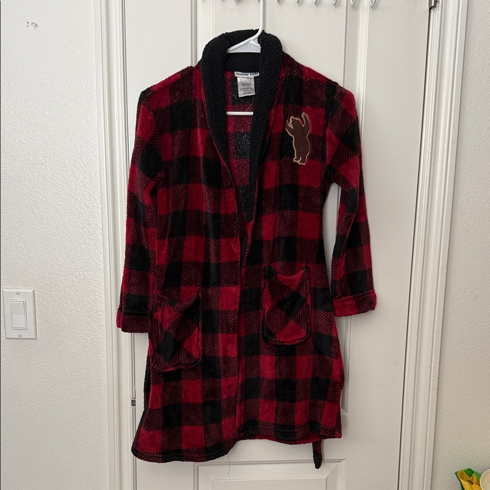 Komar Kids Red and Black Checkered Robe with Bear Design